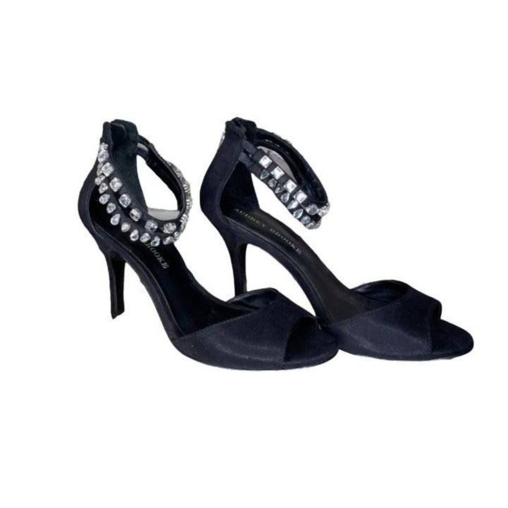 Audrey Brooke Size 7 Black Satin Rhinestones 3" High Heel Shoes Sandals